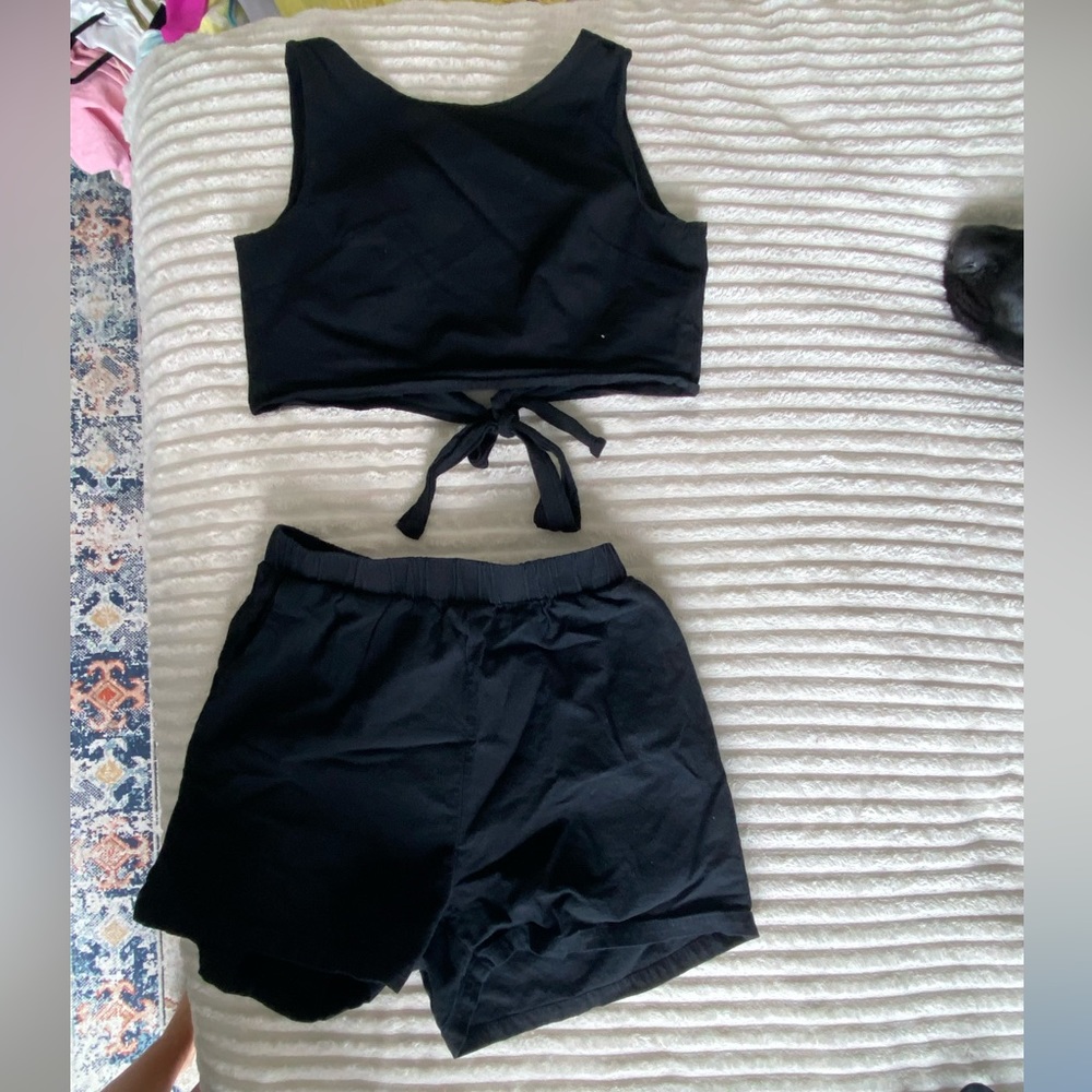 black linen 2 piece crop top/shorts set